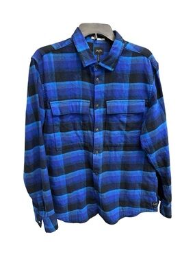 Good Man Brand Stadium Shirt Jacket Brushed Flannel Blue Plaid L Metal Buttons